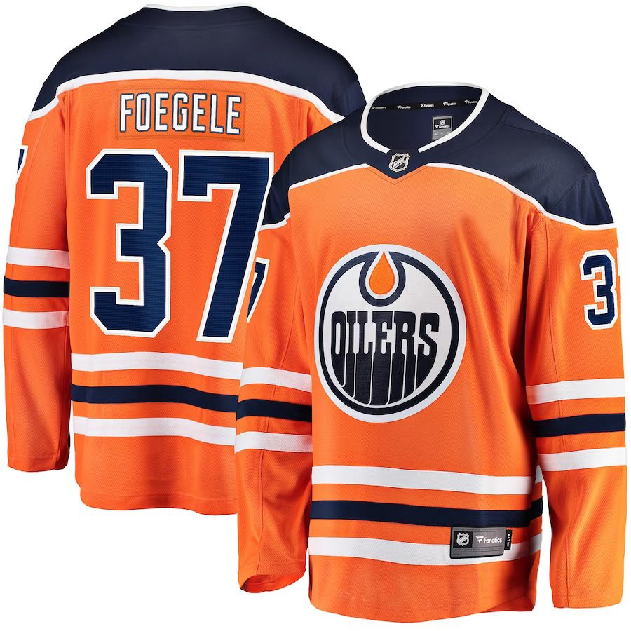 Men Edmonton Oilers #37 Warren Foegele Fanatics Branded Orange Home Breakaway Player NHL Jersey